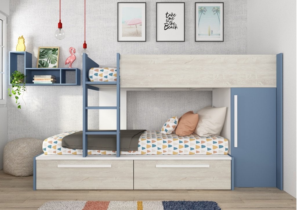 Jules stapelbed met kast en lades - 90x200 - Blauw, Niet ingevuld, Niet ingevuld, Niet ingevuld
