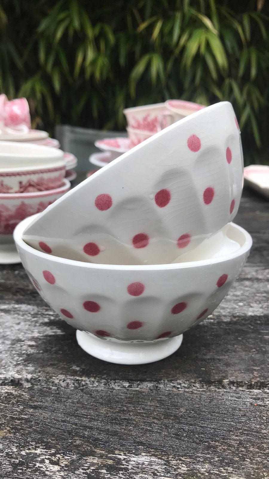 Set oude Franse spoelkommen met roze stippen, Antiek en Kunst, Antiek | Servies los, Ophalen of Verzenden