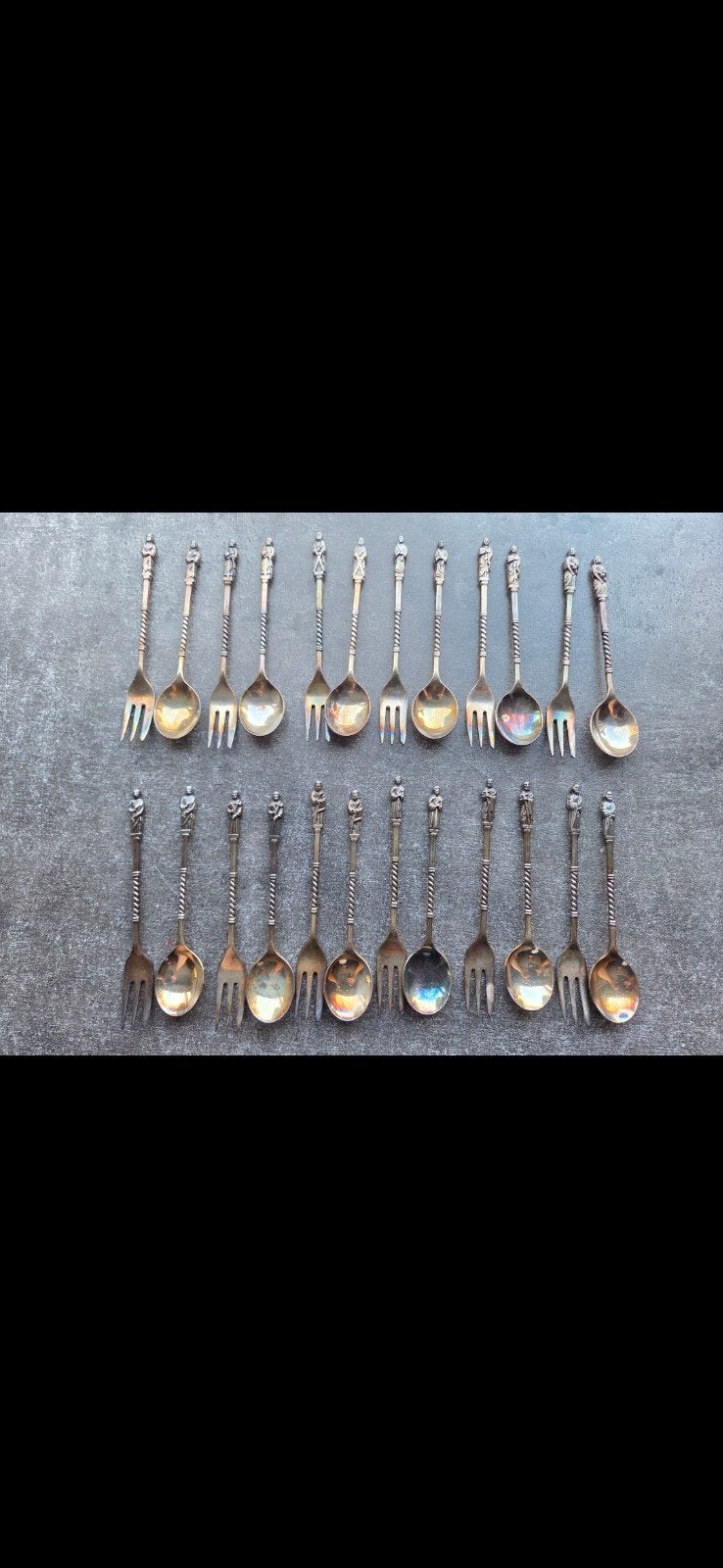 Vintage set van verzilverde gebaksvorkjes en lepeltjes., Antiek en Kunst, Ophalen of Verzenden