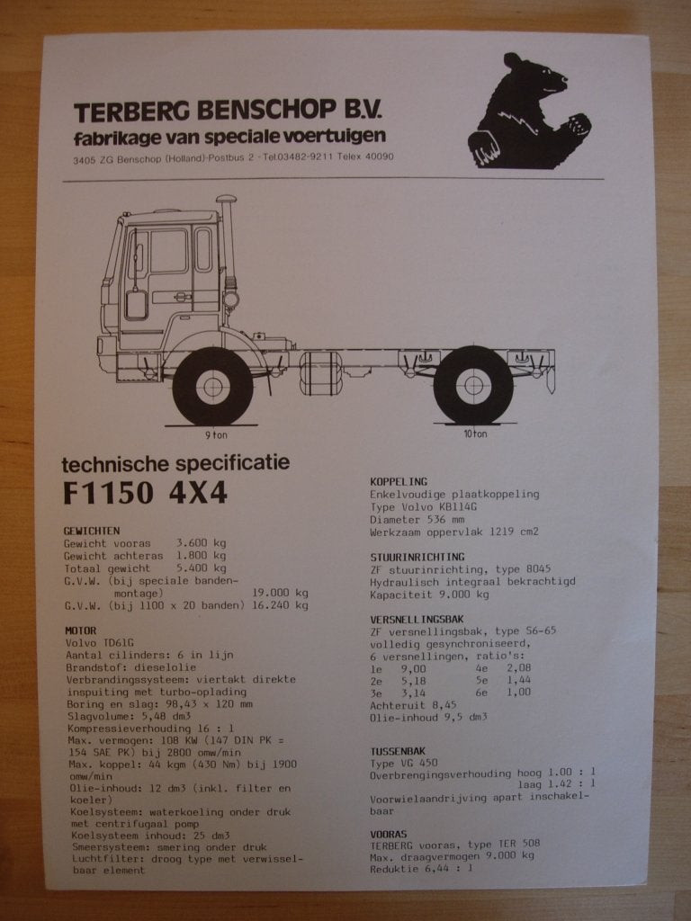 Terberg F1150 4x4 Technische Specificatie Brochure 1990, Ophalen of Verzenden, Zo goed als nieuw, Overige merken, Terberg