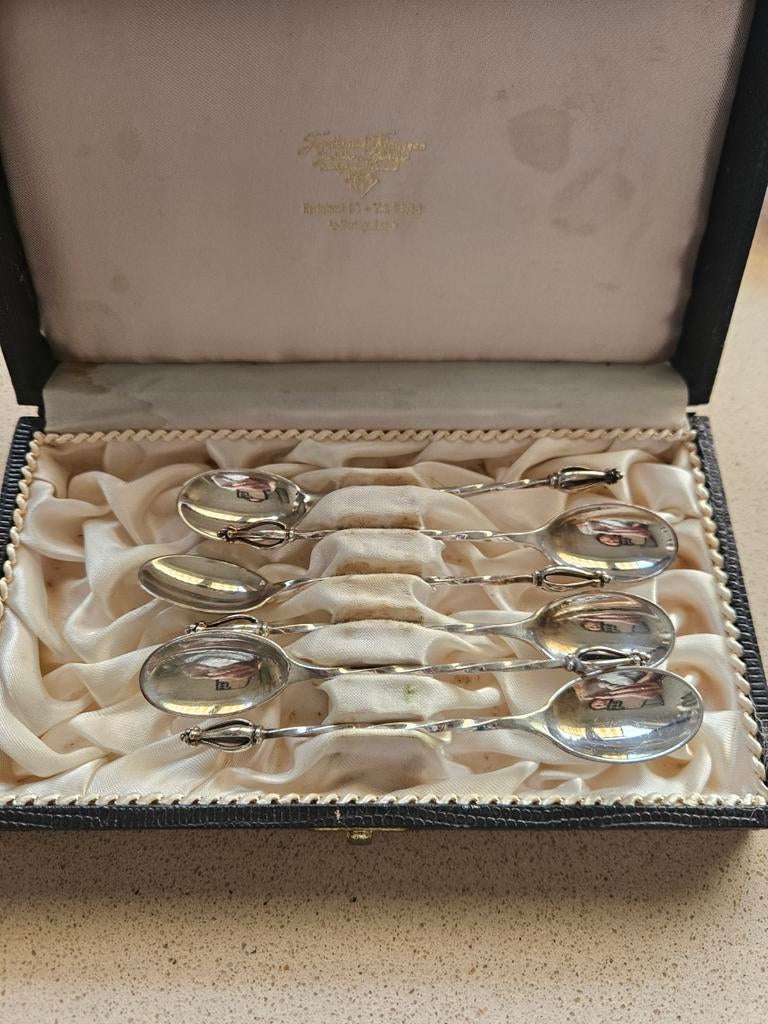 Set van 6 verzilverde theelepels in originele doos, Antiek en Kunst, Ophalen