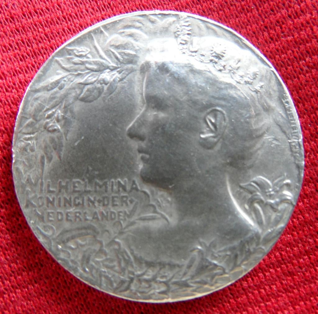 zilveren penning; Koningin Wilhelmina 1898 inhuldiging, Ophalen of Verzenden, Zo goed als nieuw, Nederland, Overige typen