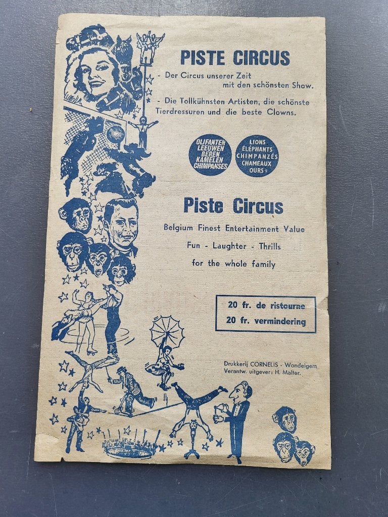 Vintage Flyer  van het Belgische circus Piste uit 1975., Ophalen of Verzenden, Gebruikt