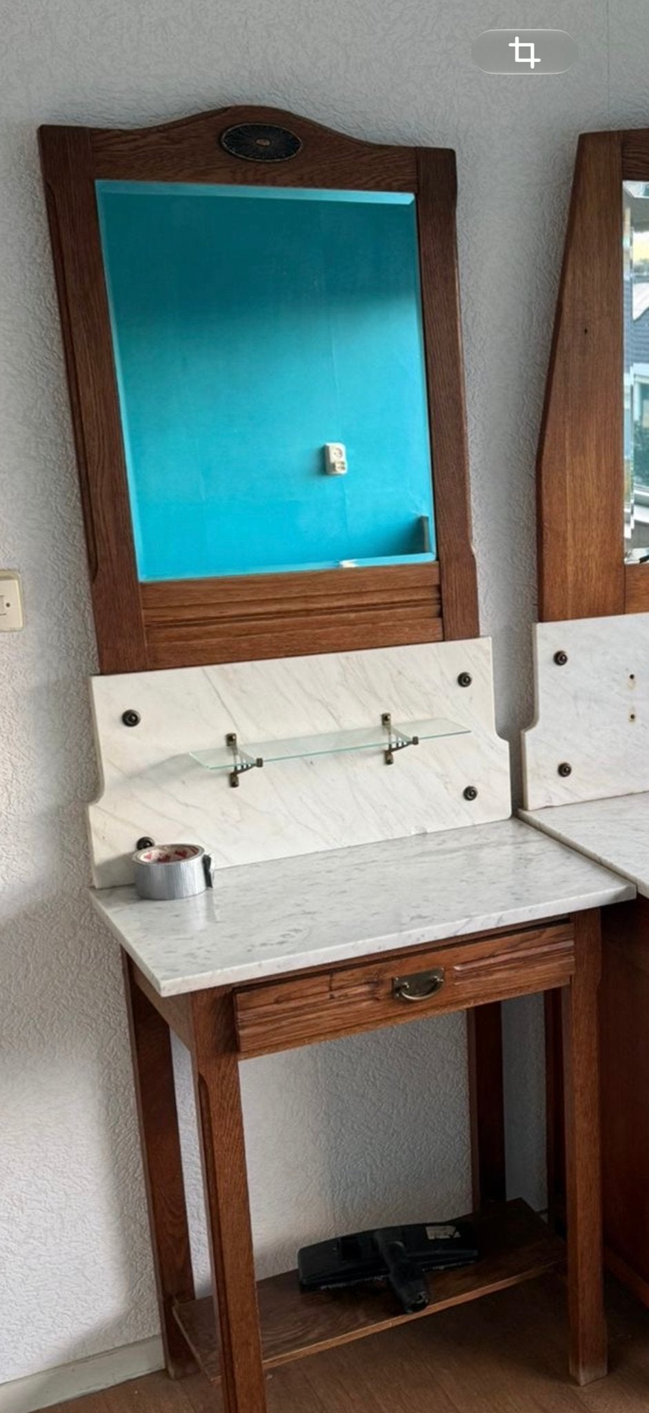 Antieke spiegel met marmeren console en lade, Ophalen of Verzenden, Rechthoekig, 50 tot 100 cm, 150 tot 200 cm