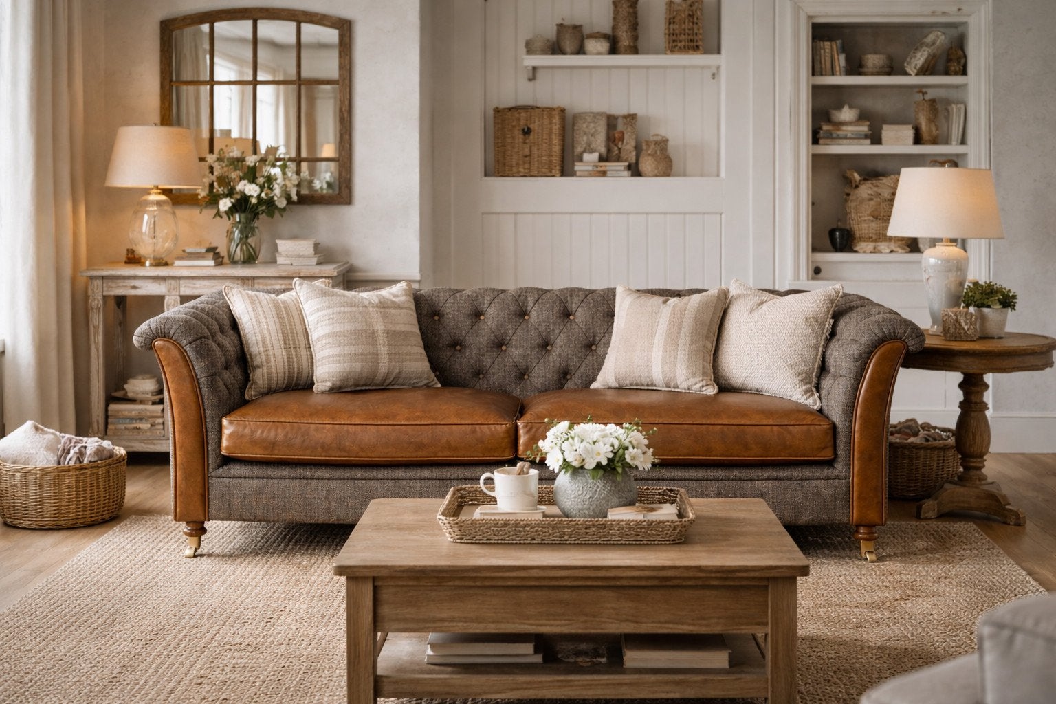 CHESTERFIELD BANK ‘BALTIMORE’ HARRIS TWEED / COGNAC LEER, Huis en Inrichting, Banken | Bankstellen, Ophalen of Verzenden, Nieuw