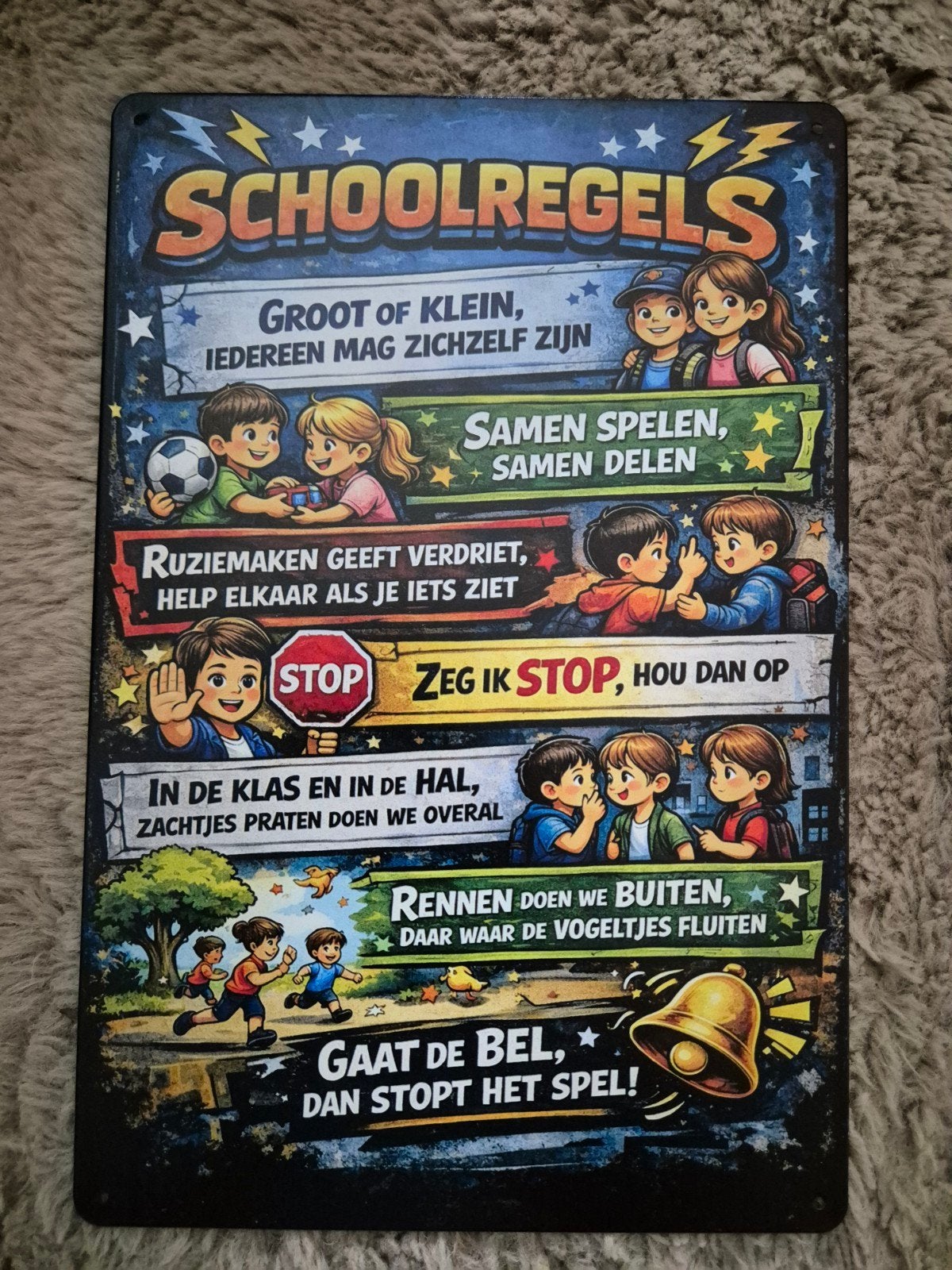 Schoolregels juf of meester cadeau reclamebord, Ophalen of Verzenden, Nieuw, Reclamebord
