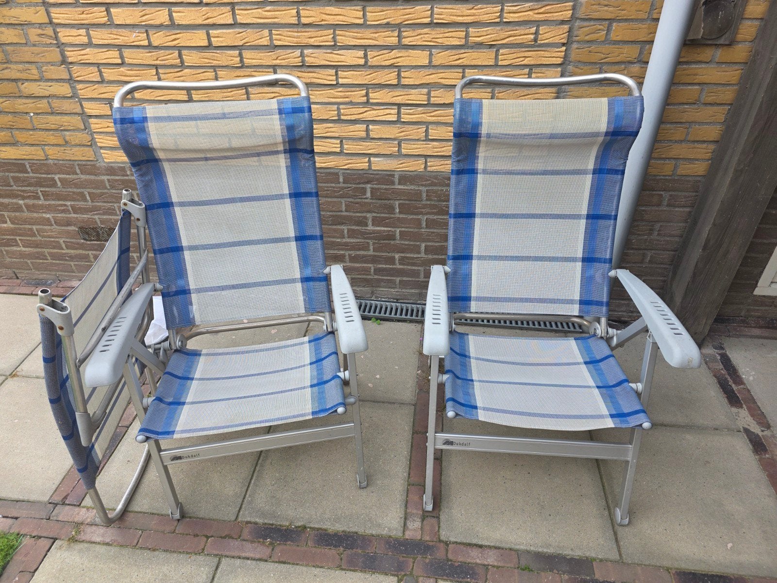 Dukdalf campingstoelen (2x) met voetenbankje, Caravans en Kamperen, Ophalen of Verzenden, Gebruikt, Campingstoel