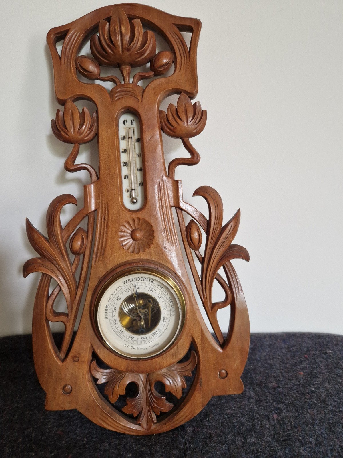 Antieke houten barometer met thermometer - Art Nouveau, Audio, Tv en Foto, Weerstations en Barometers, Ophalen of Verzenden, Gebruikt