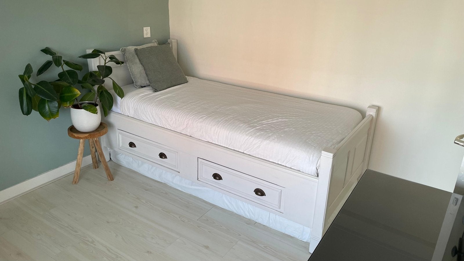 1 persoons grenen bed (white wash) met lades, Ophalen, Gebruikt, 90 cm, Eenpersoons