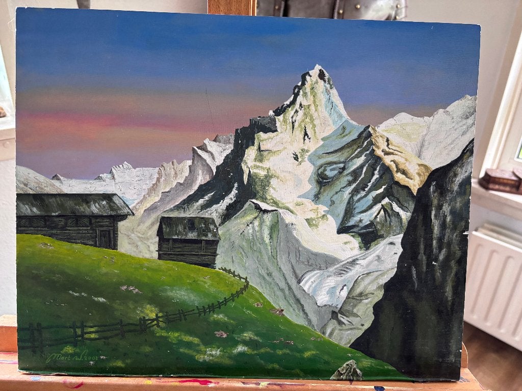 Berglandschap met berghutten – gesigneerd 2003, Ophalen of Verzenden