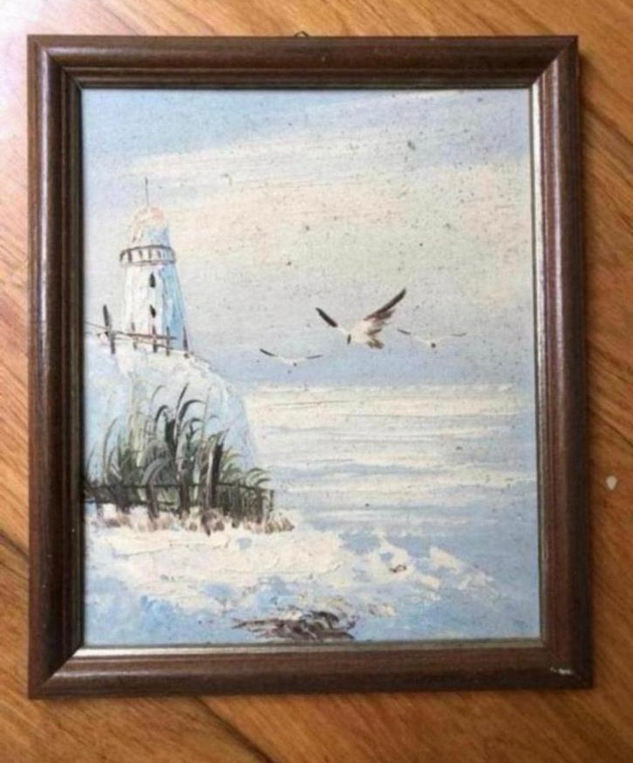 Antiek schilderijtje van de kust en meeuw met houten lijst, Ophalen of Verzenden