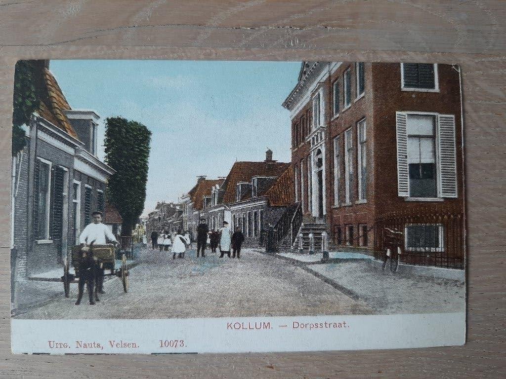 Oude kaart Kollum, Dorpsstraat, Hondenkar, mensen, 1905-1910, Ophalen of Verzenden, Voor 1920, Ongelopen, Friesland