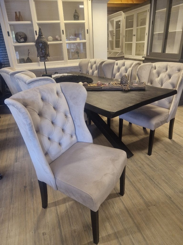 VOORRAAD 6 Landelijke Eetkamerstoelen Daisy Velvet Beige (8), Overige kleuren, Landelijke eetkamerstoelen Daisy Knoopjes Stof Velvet Beige
