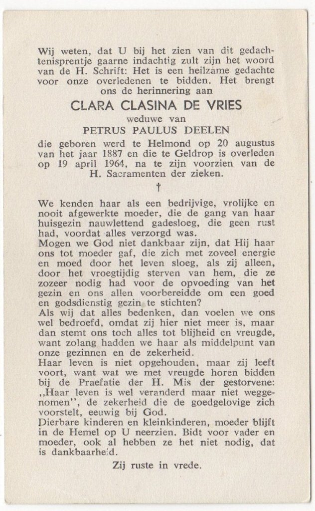 Clara Clasina de Vries 1887 Helmond + 1964 Geldrop, 76 jaar, Verzenden