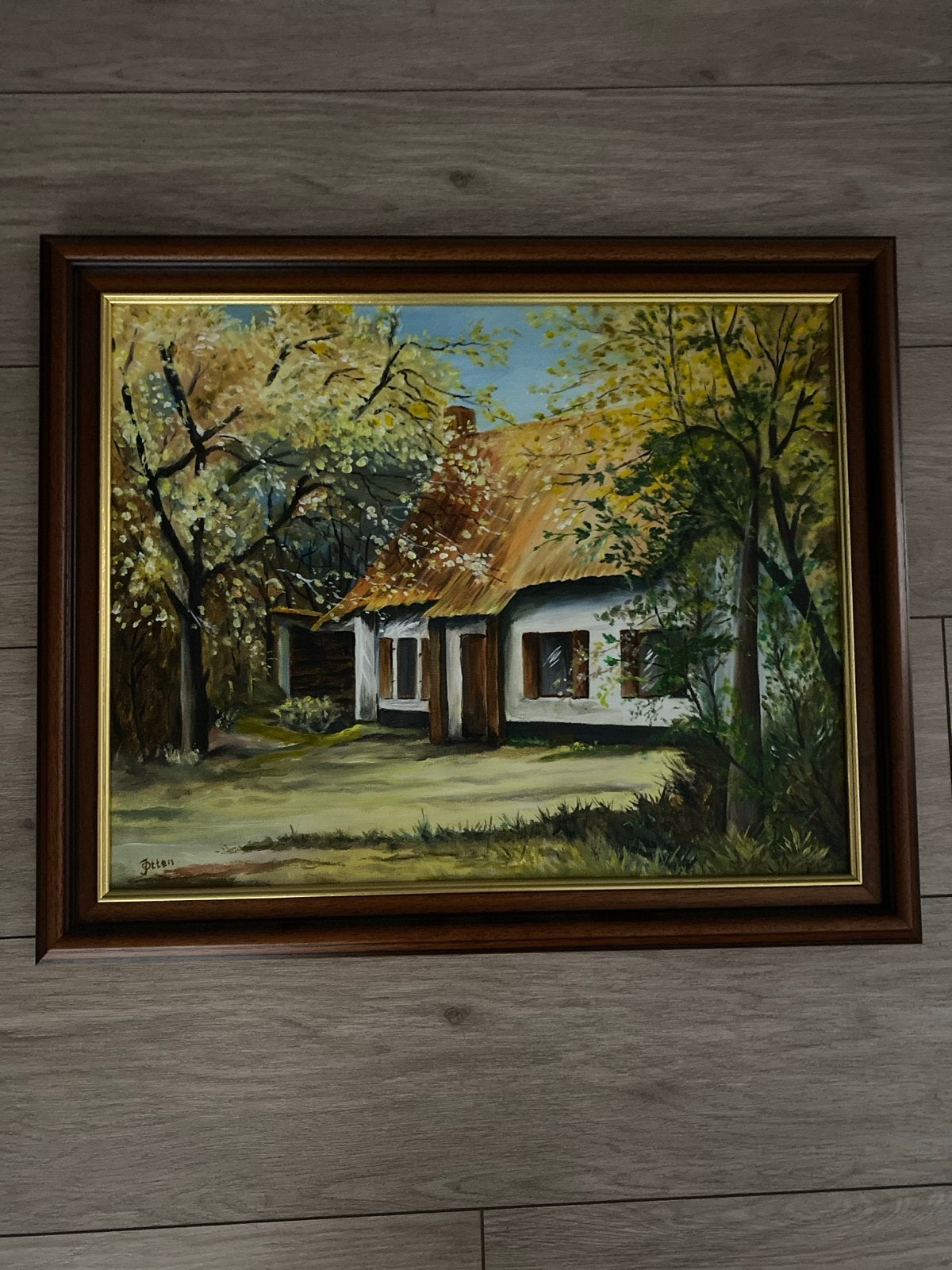 Schilderij met landschap en huisje, gesigneerd, Antiek en Kunst, Ophalen, Doek, Realistisch, Gesigneerd