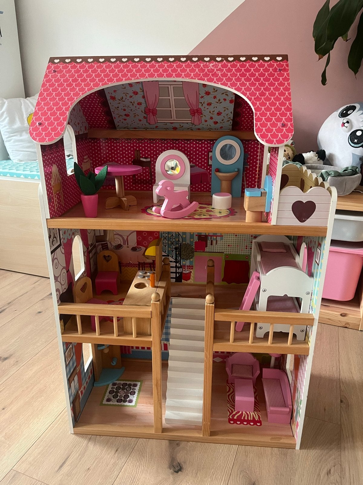 Houten Poppenhuis met Meubels en Accessoires - Zeer Nette St, Ophalen, Zo goed als nieuw, Poppenhuis