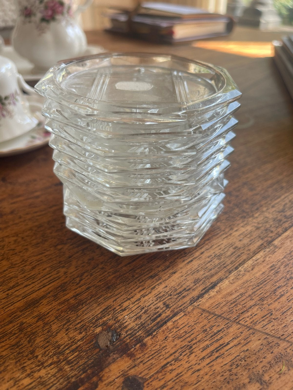 Set van 10 Vintage kristal Onderzetters - Hexagonaal Design, Ophalen of Verzenden, Glasonderzetter, Gebruikt, Glas