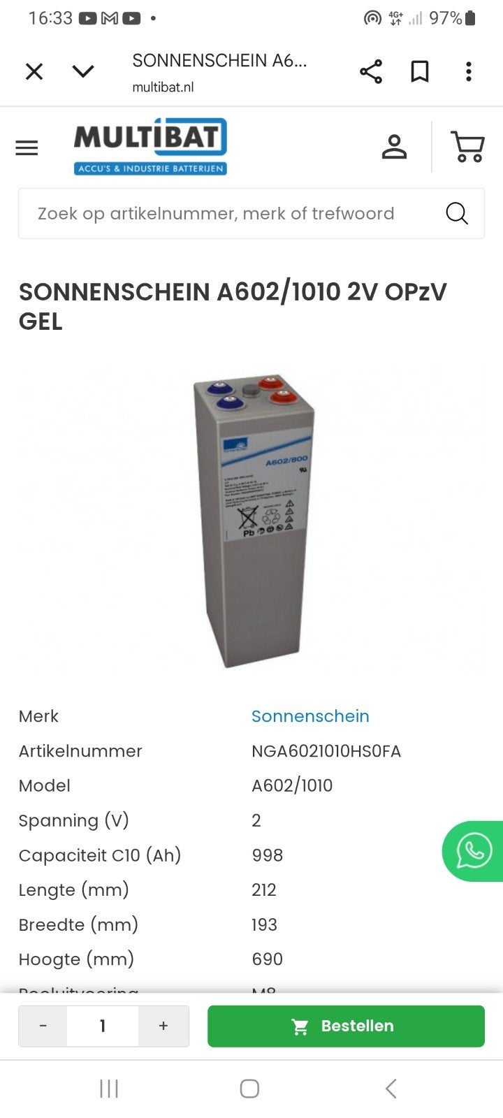 SONNENSCHEIN A602/1010 2V OPzV GEL Batterij, Hobby en Vrije tijd, Elektronica-componenten, Ophalen of Verzenden, Nieuw