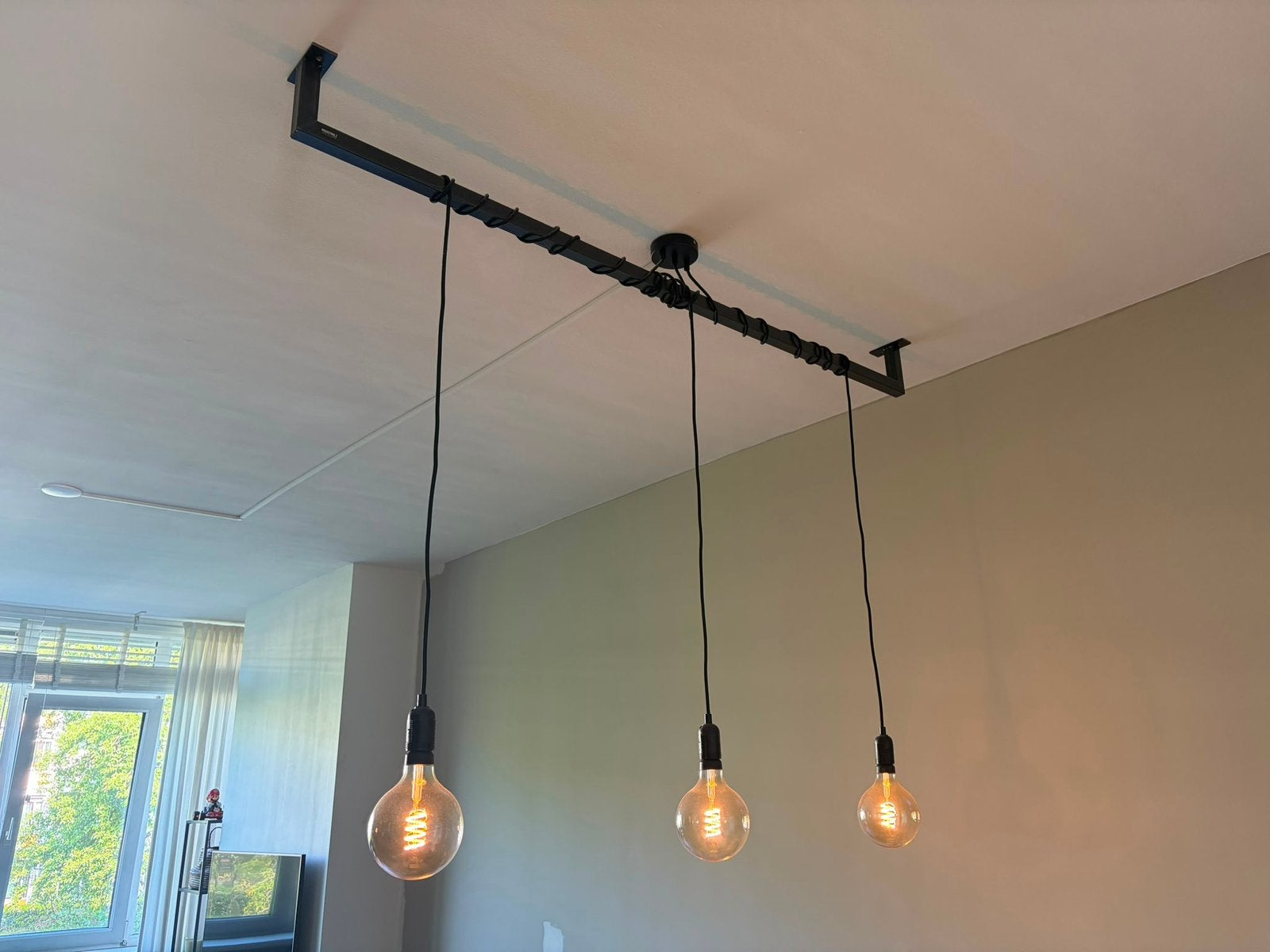 Stalen bar hanglamp met 3 lichtpunten, Huis en Inrichting, Lampen | Hanglampen, Ophalen, Gebruikt, Metaal