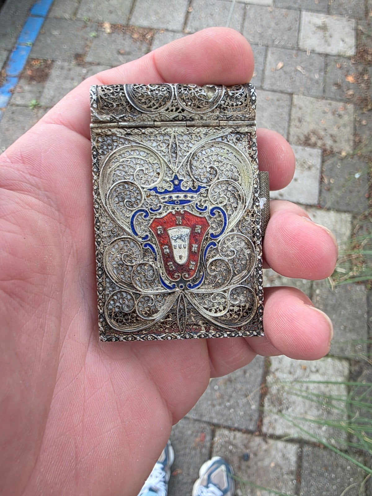 Antieke zilveren filigraan visitekaarthouder met wapen, Ophalen of Verzenden