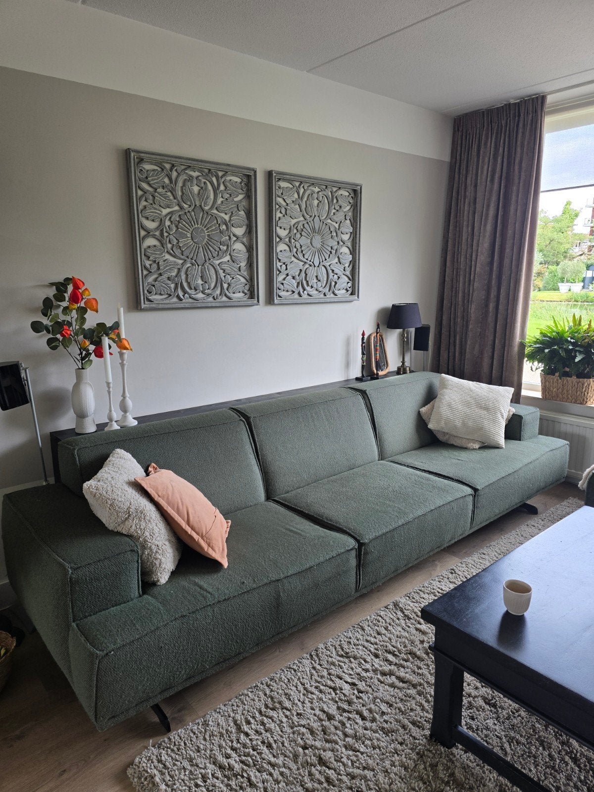 Grote groene bank met poef - 290x90 cm en poef 90x70 cm, Ophalen, Gebruikt, 125 cm of meer, 75 tot 100 cm
