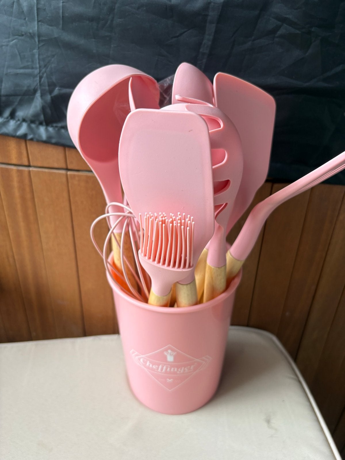 Roze siliconen keukengerei set met houten handvatten, Ophalen, Overige typen, Hout, Zo goed als nieuw