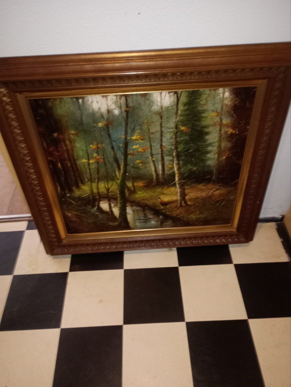 Schilderij: Boslandschap met beek en eend, gesigneerd, Ophalen