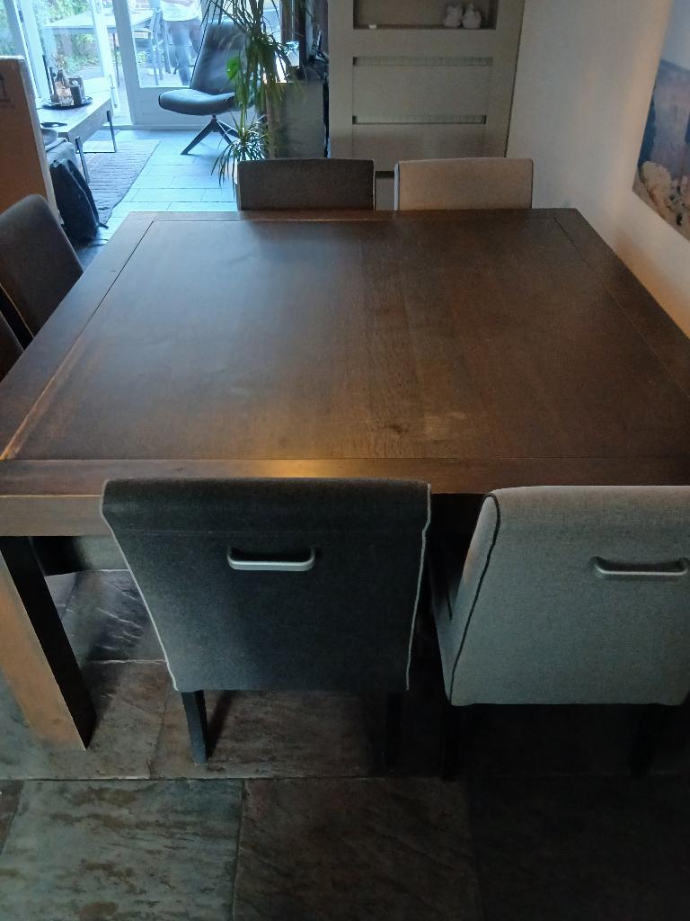 Vierkante eettafel 150x150 met 6 eetkamerstoelen, Huis en Inrichting, Complete eetkamers, Ophalen, Gebruikt, Industrieel, 4 tot 6 stoelen