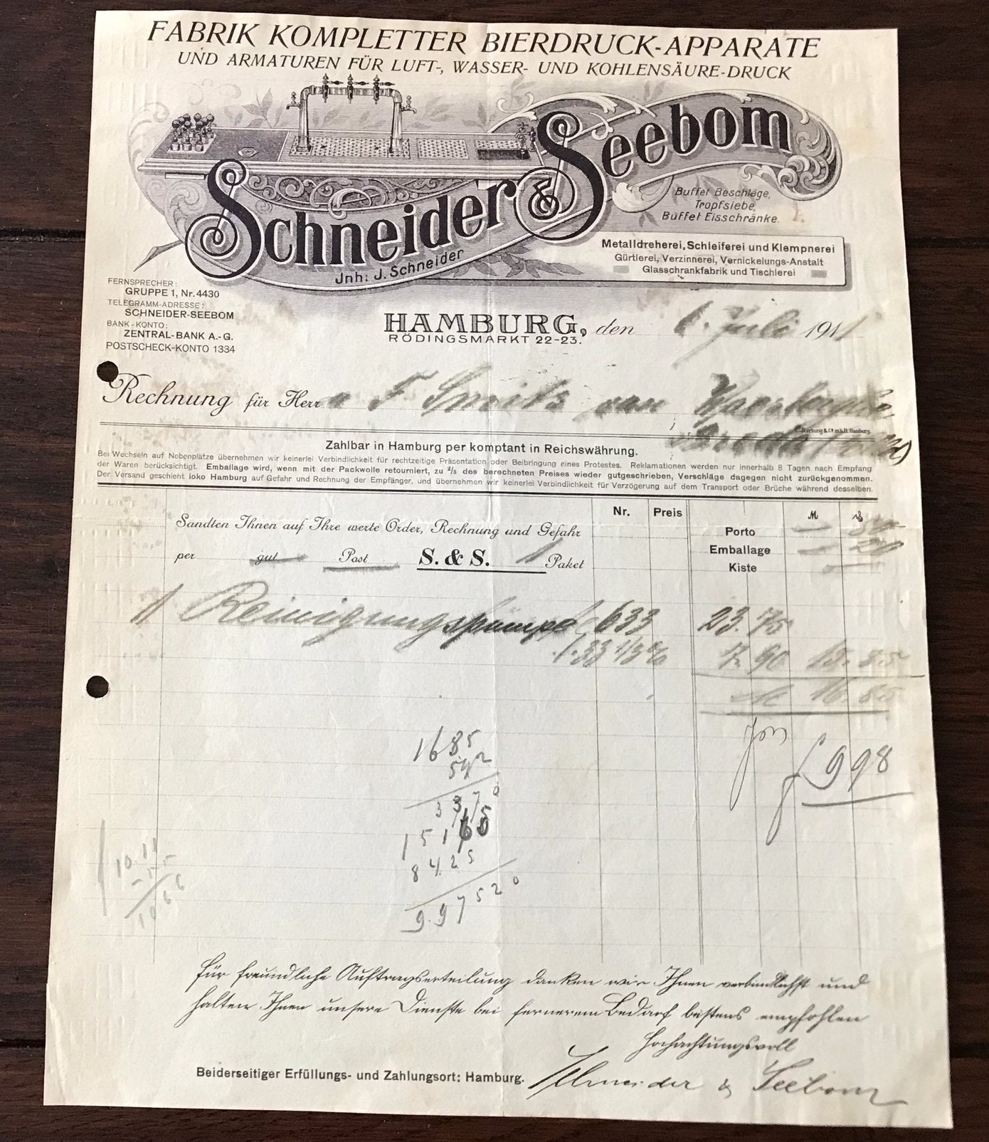 Oude Rekening een Duitse Kroeg TAP 1911 Hamburg, Ophalen of Verzenden, Gebruikt, Overige typen