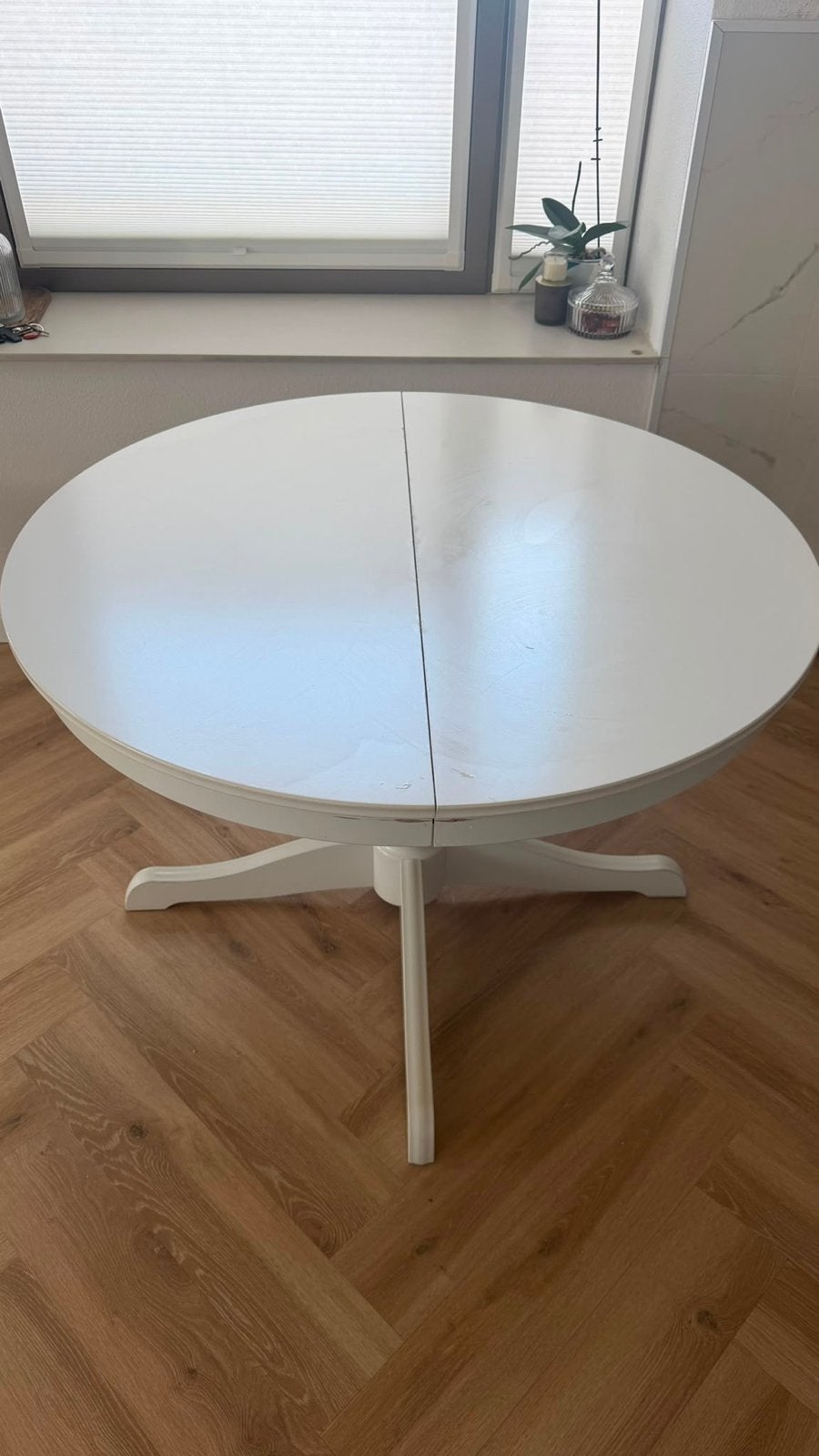 IKEA INGTORP uitschuifbare eettafel, wit, Huis en Inrichting, Ophalen, Gebruikt, 100 tot 150 cm, Vier personen