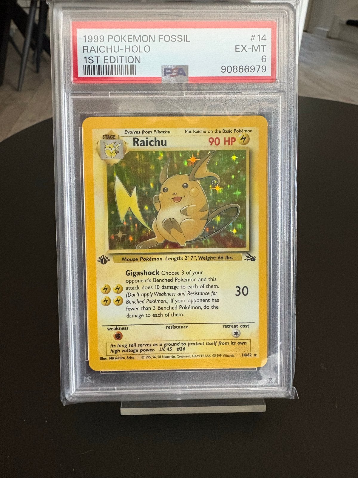PSA 6 1999 Pokemon Fossil Raichu Holo 1st Edition #14, Ophalen of Verzenden, Gebruikt, Losse kaart, Foil