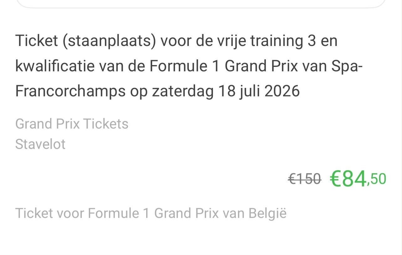 2 kaartjes voor de Formule 1 training in spa, Tickets en Kaartjes, Twee personen, Juli