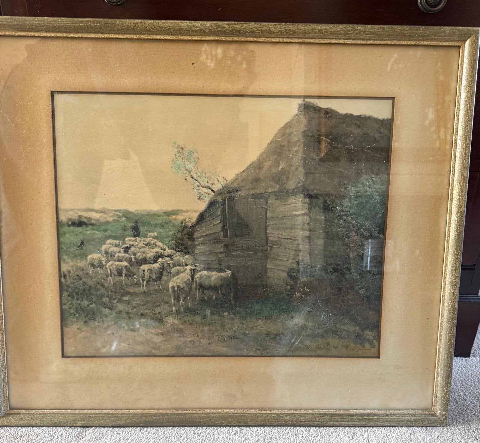 Landschap met schapen en boerderij van schilder WGF Jansen, Oud hollands, Landschap, Aquarel, Papier