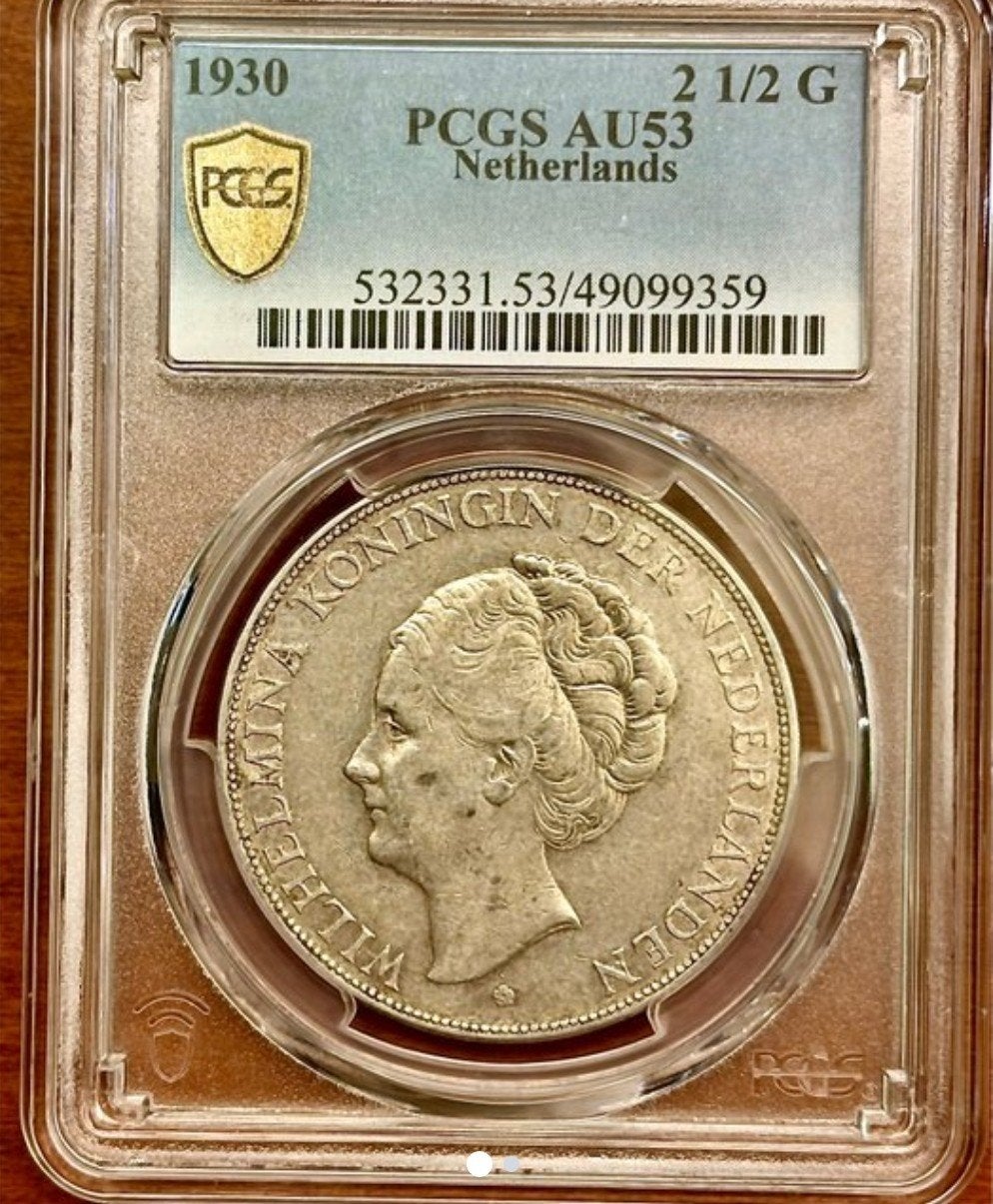 Zilveren 2½ Gulden 1930 Wilhelmina PCGS AU53, Postzegels en Munten, Munten | Nederland, Zilver, Ophalen of Verzenden, Koningin Wilhelmina