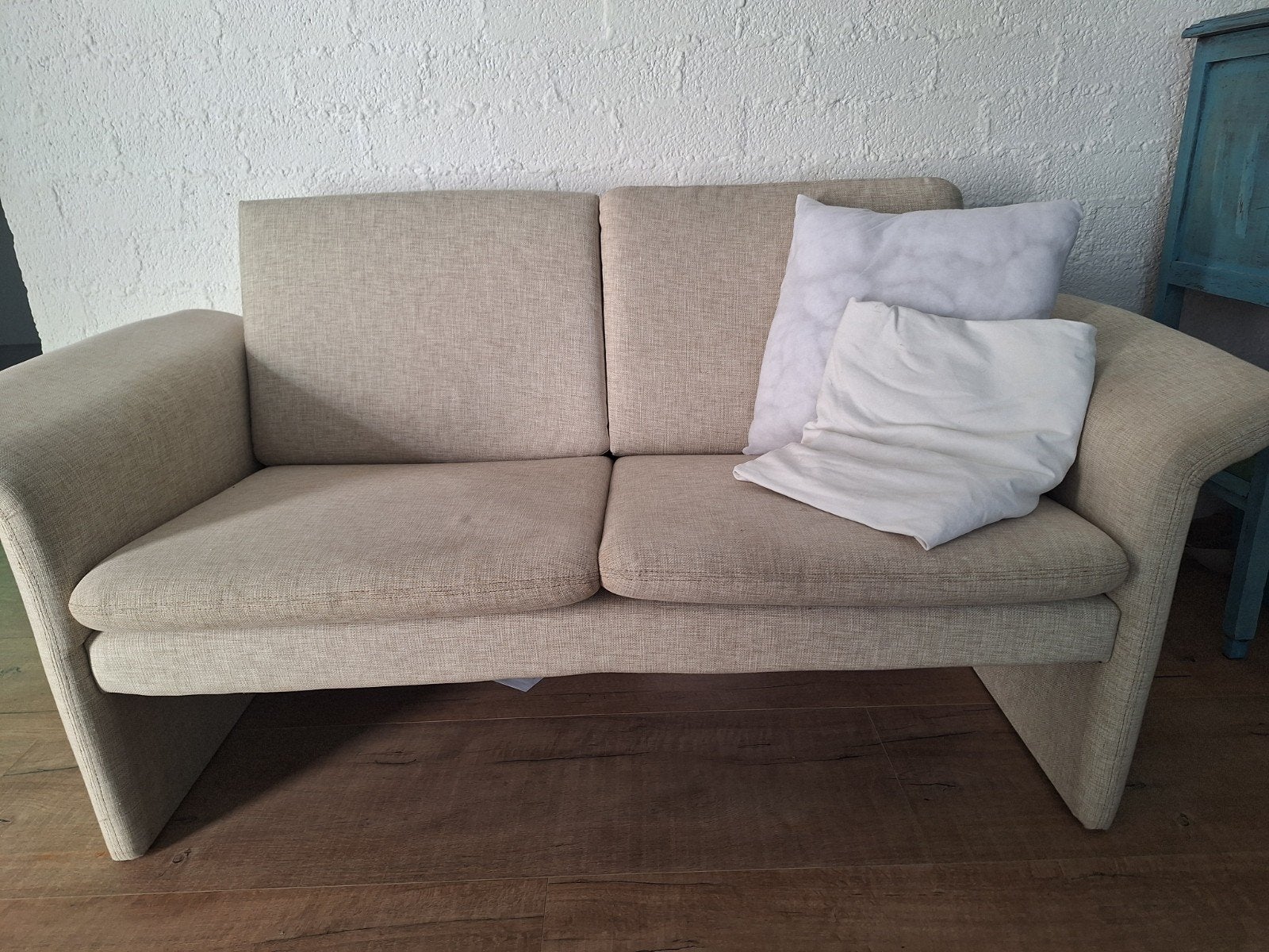 2-zits bank en fauteuil van linnen stof, Ophalen, Gebruikt, 150 tot 200 cm, Tweepersoons