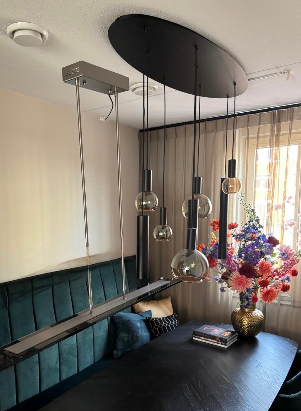 Moderne metalen hanglamp smokeglas 100cm LED met dimmer, Ophalen, Zo goed als nieuw, Glas