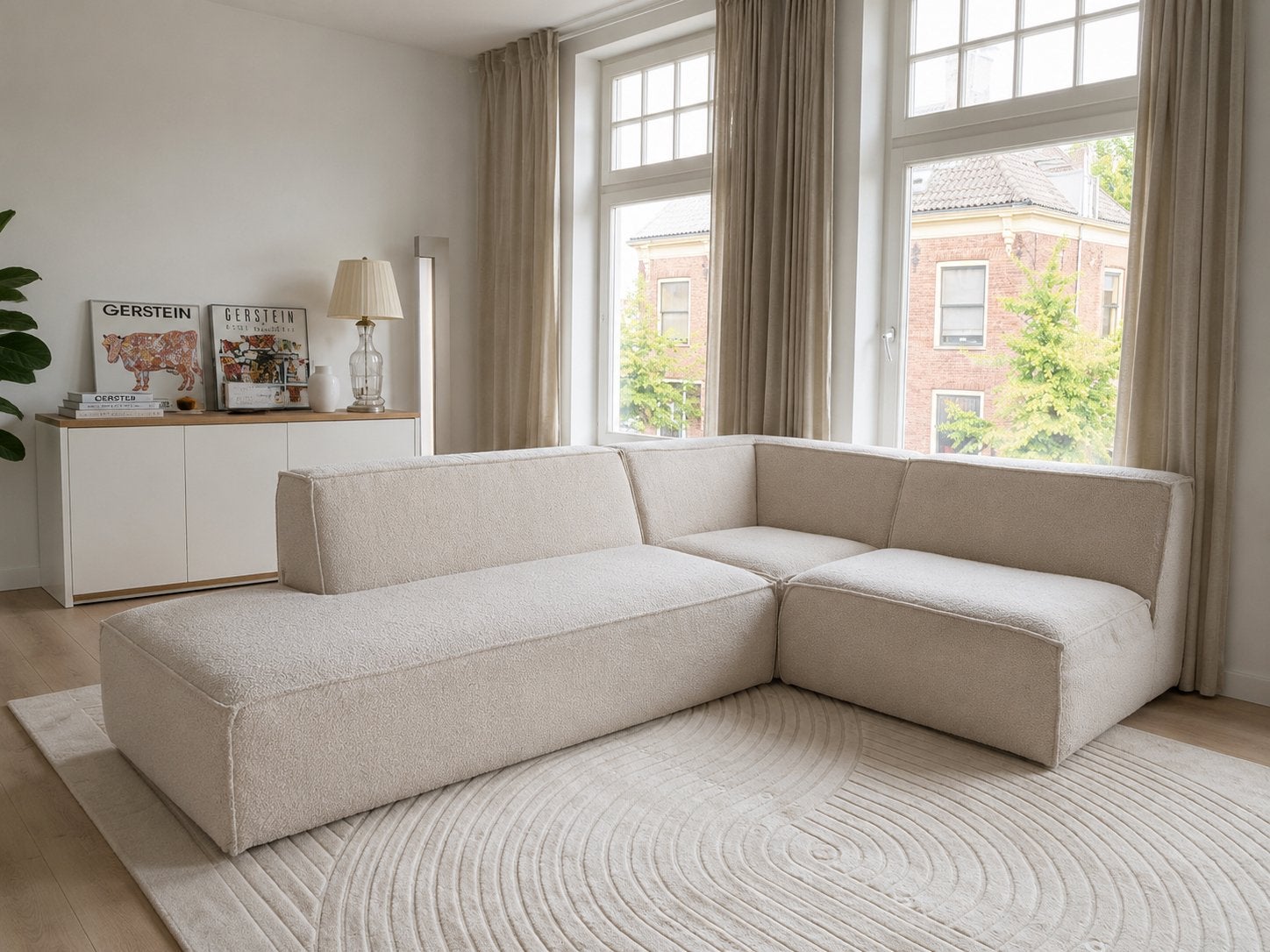 Moderne Crème Elementenbank Modulaire Bank Bouclé, Ophalen, 250 tot 300 cm, Minimalistisch, Japandi, 100 tot 125 cm