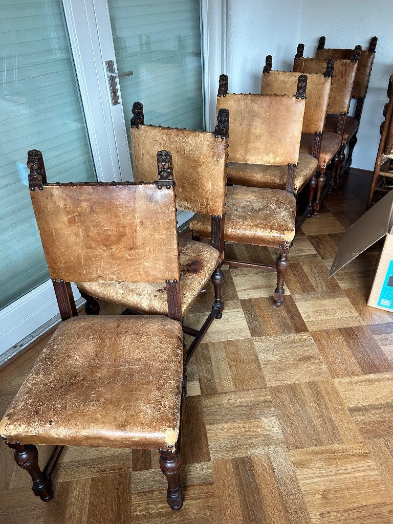 Antieke Eetkamerstoelen met Lederen Bekleding (6 stuks), Antiek en Kunst, Ophalen