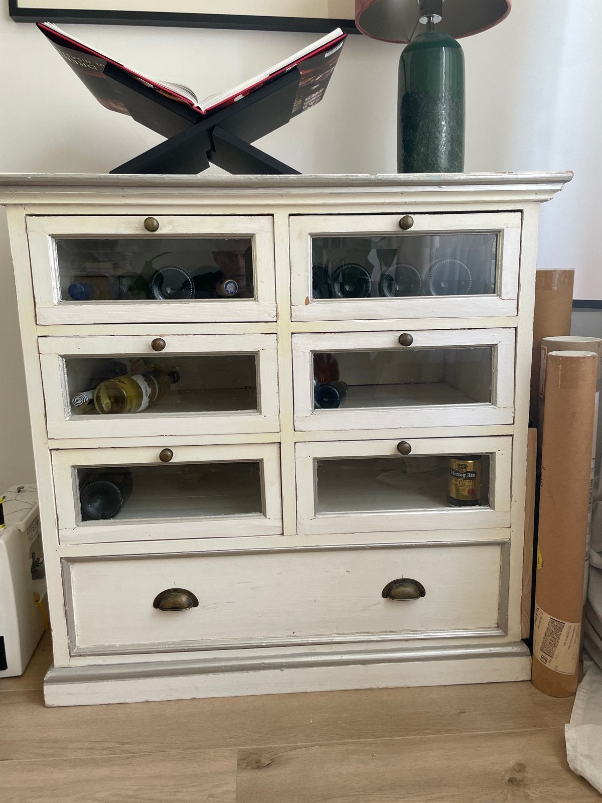 Vintage ladekastje met geslepen glazen inzet Kommode, Ophalen, Minder dan 50 cm, Gebruikt, Met lade(s)