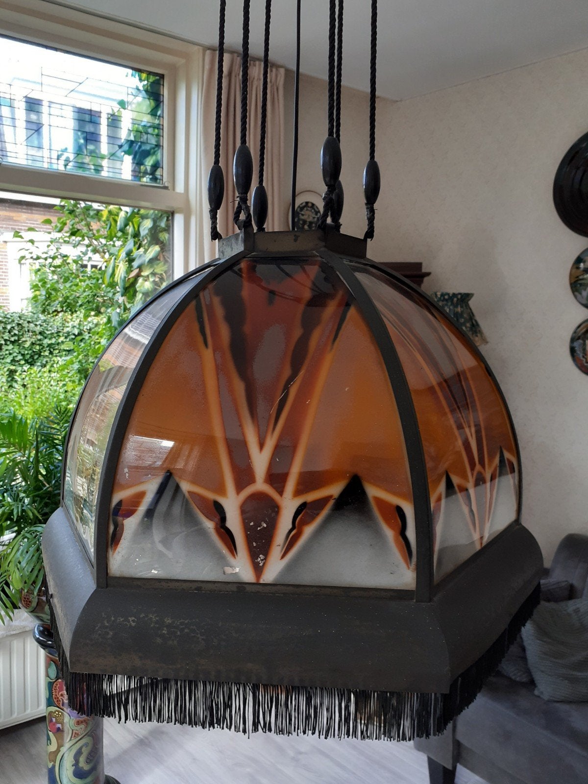 Unieke Amsterdamse School hanglamp met glas-in-lood, Ophalen