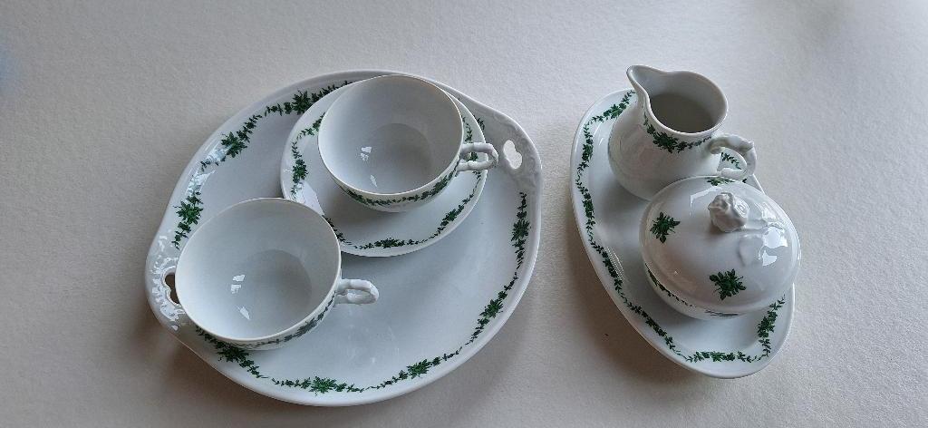 Duits thee/koffie servies set met groen bladmotief, Ophalen of Verzenden, Zo goed als nieuw, Overige stijlen, Porselein