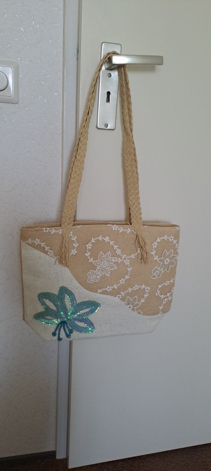 Rieten tas met kant en pailletten, 38cm., Sieraden, Tassen en Uiterlijk, Tassen | Reistassen en Weekendtassen, Ophalen of Verzenden
