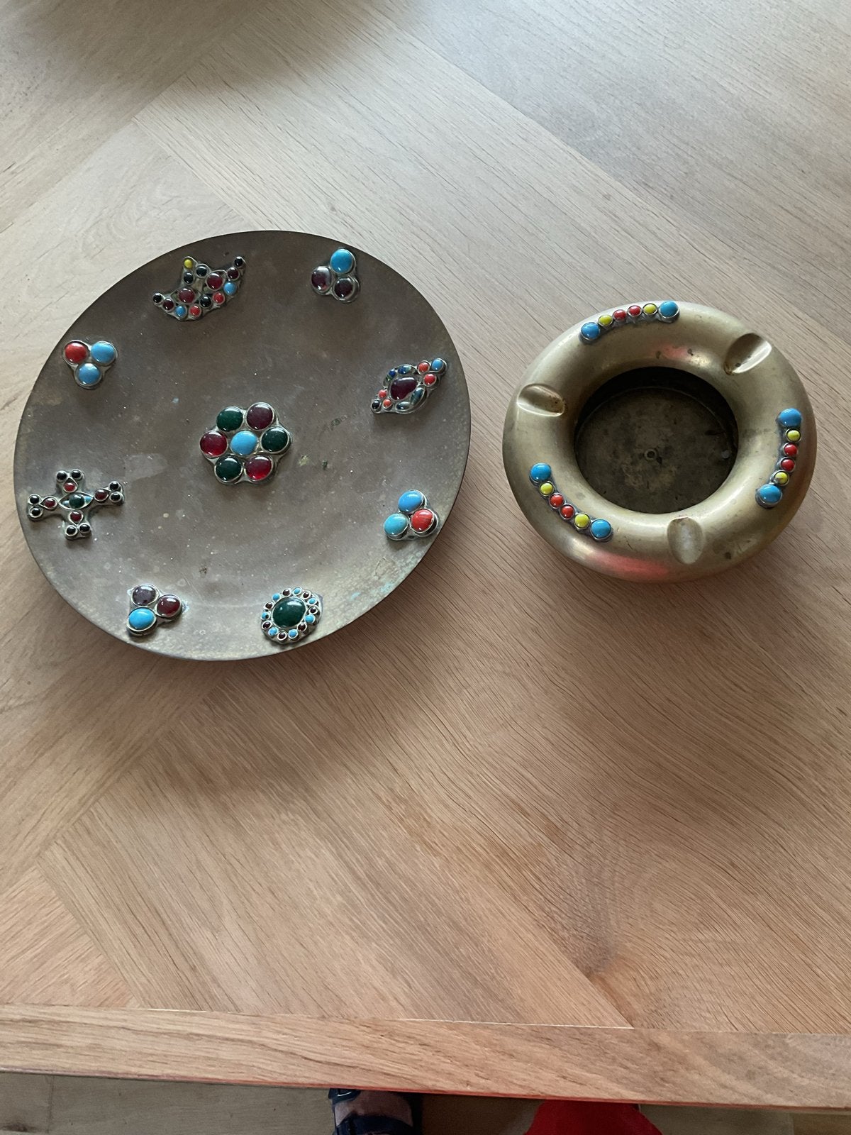 Vintage Messing Schaal en Asbak met Kleurrijke Stenen, Ophalen of Verzenden