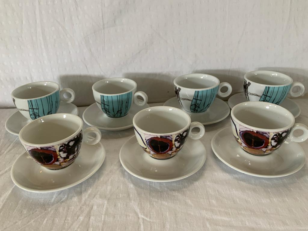 Set van 7 cappuccino/thee kop met schotels - diverse designs, Ophalen, Gebruikt, Keramiek, Overige stijlen