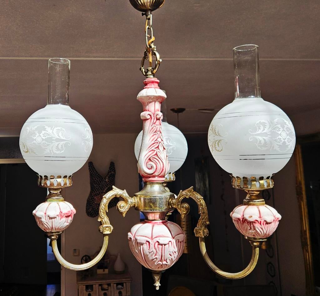 Vintage Kroonluchter met Roze en Gouden Details, Ophalen