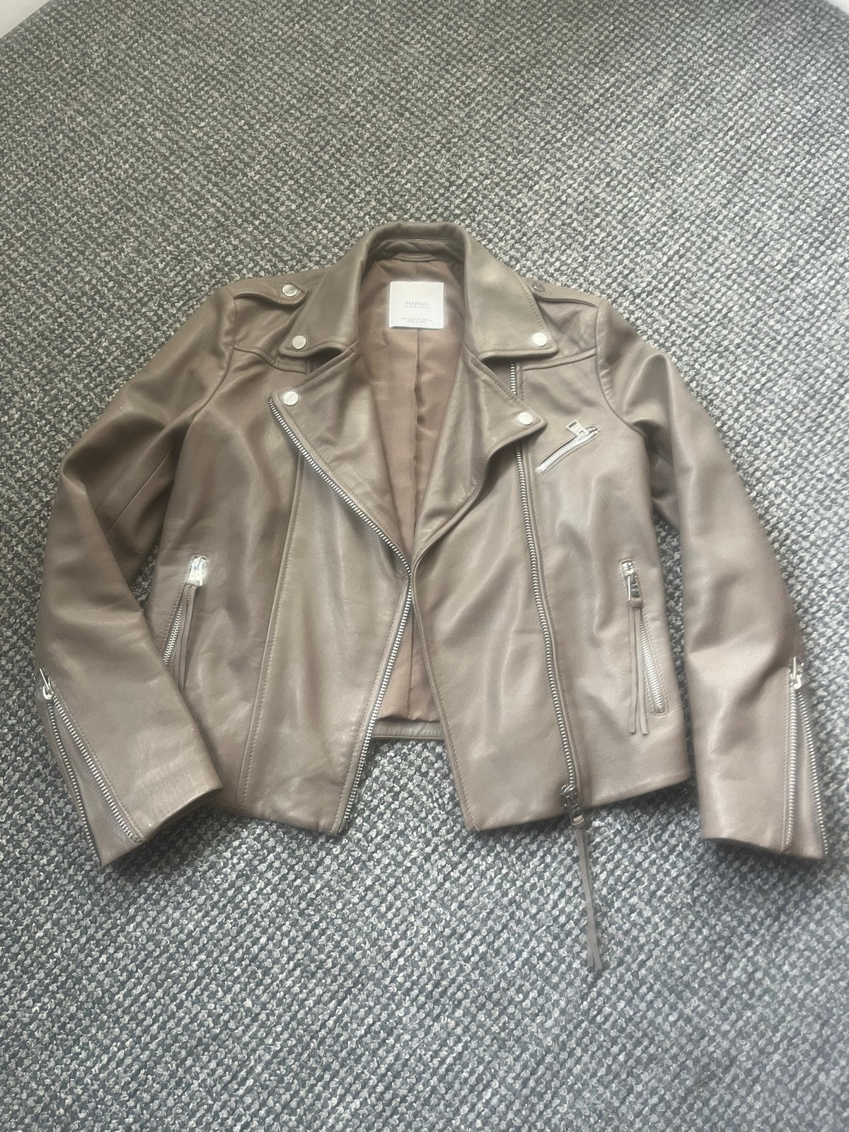 Mango Leren Bikerjack Maat S - Beige, Ophalen of Verzenden, Gedragen, Maat 36 (S), Beige
