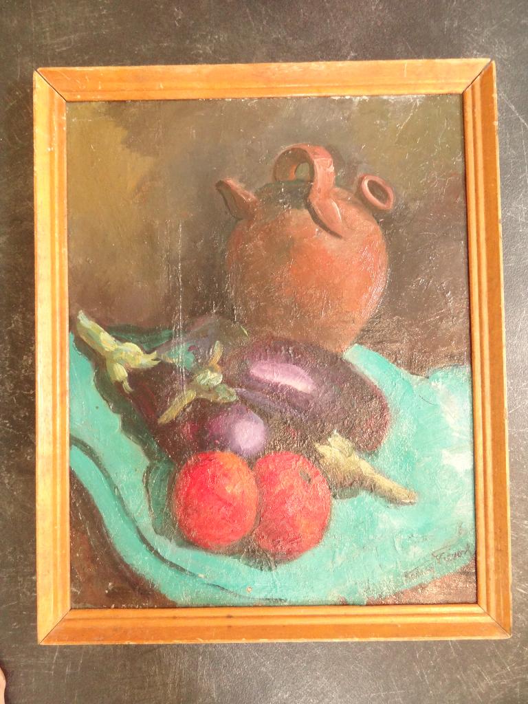 Kleurrijk olieverf stilleven aubergines kruik Andrey Prevost, Verzenden