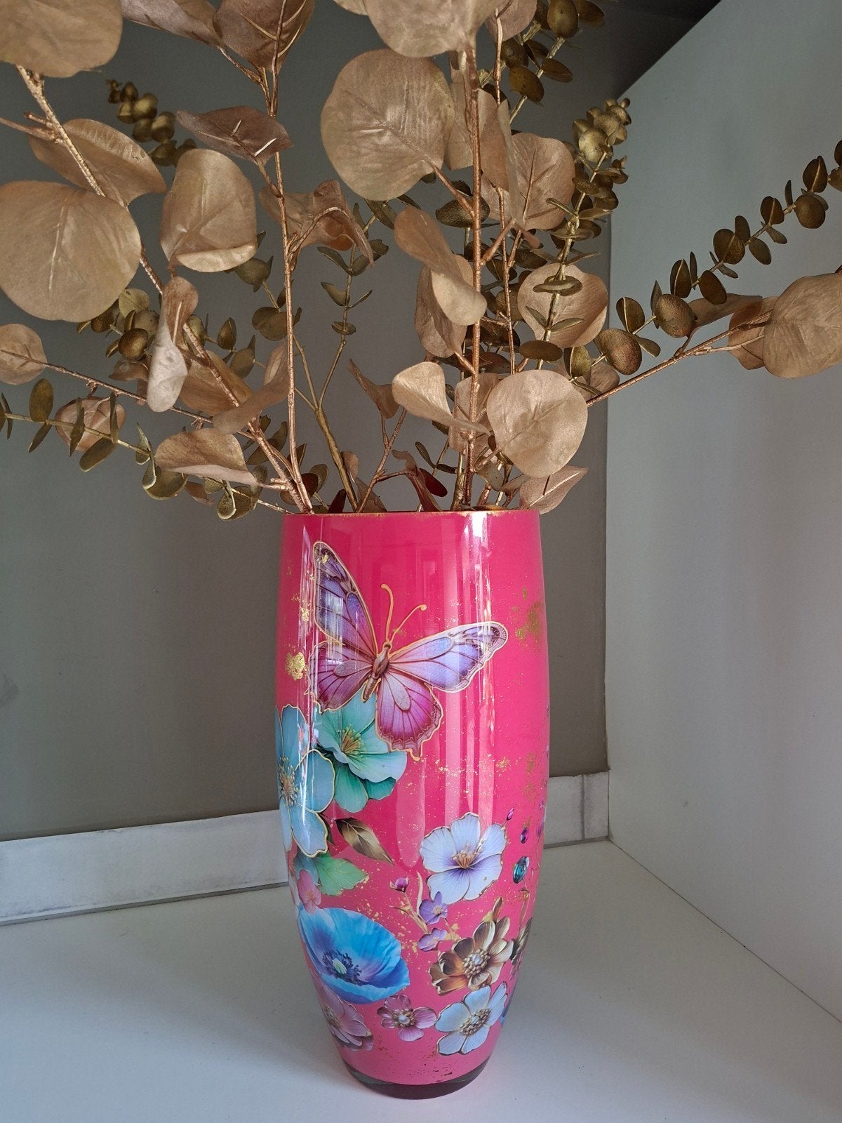 vaas met vlinders en bloemen, Ophalen of Verzenden, Roze