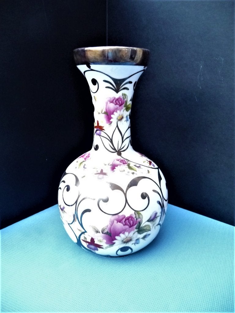 24,5CM HOGE SNEROLL BOHEMIANVAAS M ZILVER 24 KT, VINTAGE, 24 cm, Zo goed als nieuw, Steen/keramiek, Meerkleurig