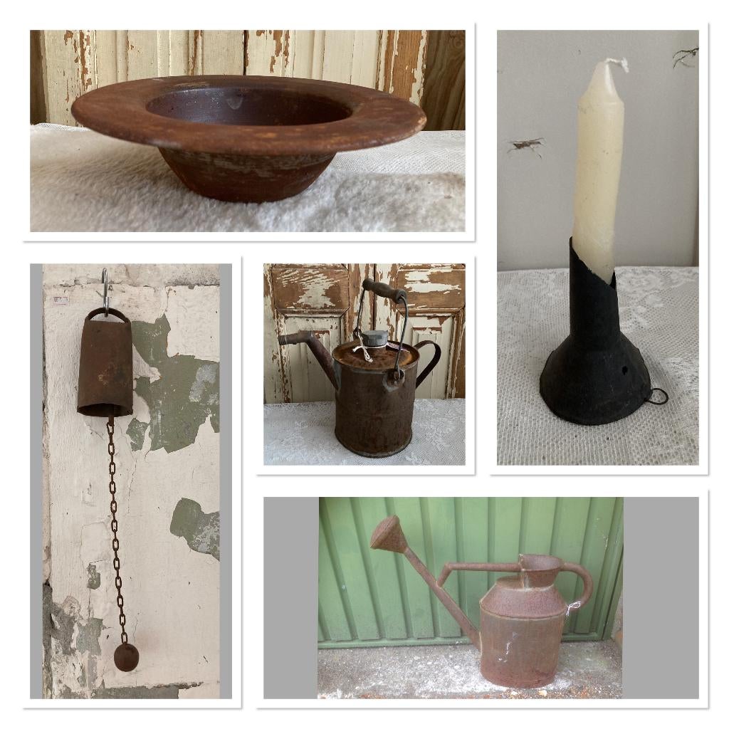 Brocante roestige petroleumkan - schaal - koeienbel - gieter, Antiek en Kunst, Curiosa en Brocante, Ophalen of Verzenden